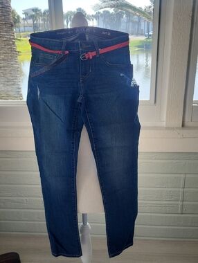 Apt. 9 Dark Blue Straight Leg Jeans with Pink Belt Accent